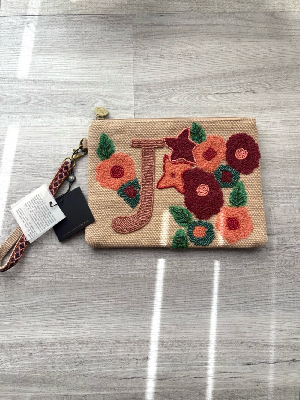 America & Beyond Beaded J Initial Embellished Wristlet Pouch NWT